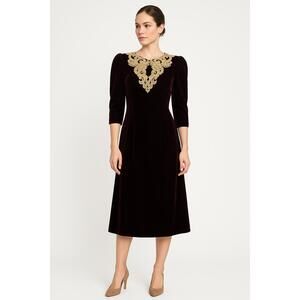 Scott McClintock Vintage Dress Deep Burgundy Velvet Gold Embroidered Bib‎ Size 8